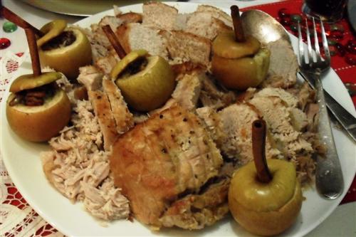 Roasted pork belly with stuffed baby apples