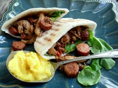 Pita filled with chicken and chorizo