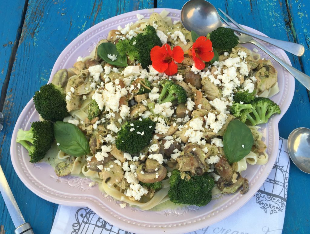 My original pasta dish with chicken, mushrooms and broccoli in a creamy basil pesto sauce